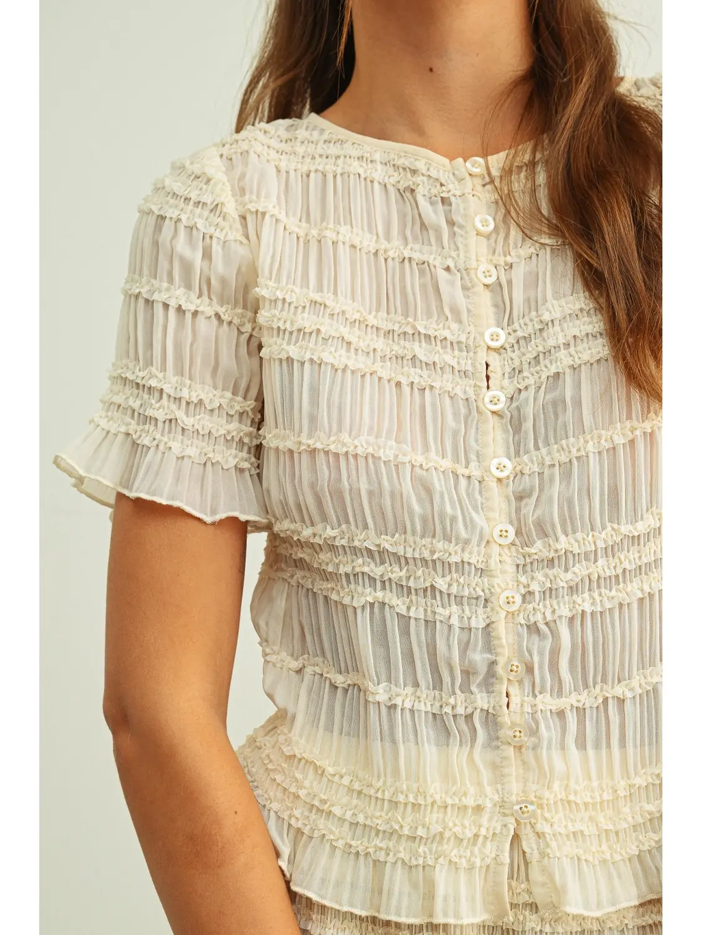 Chiffon Short Sleeve Button Front Top - BEIGE