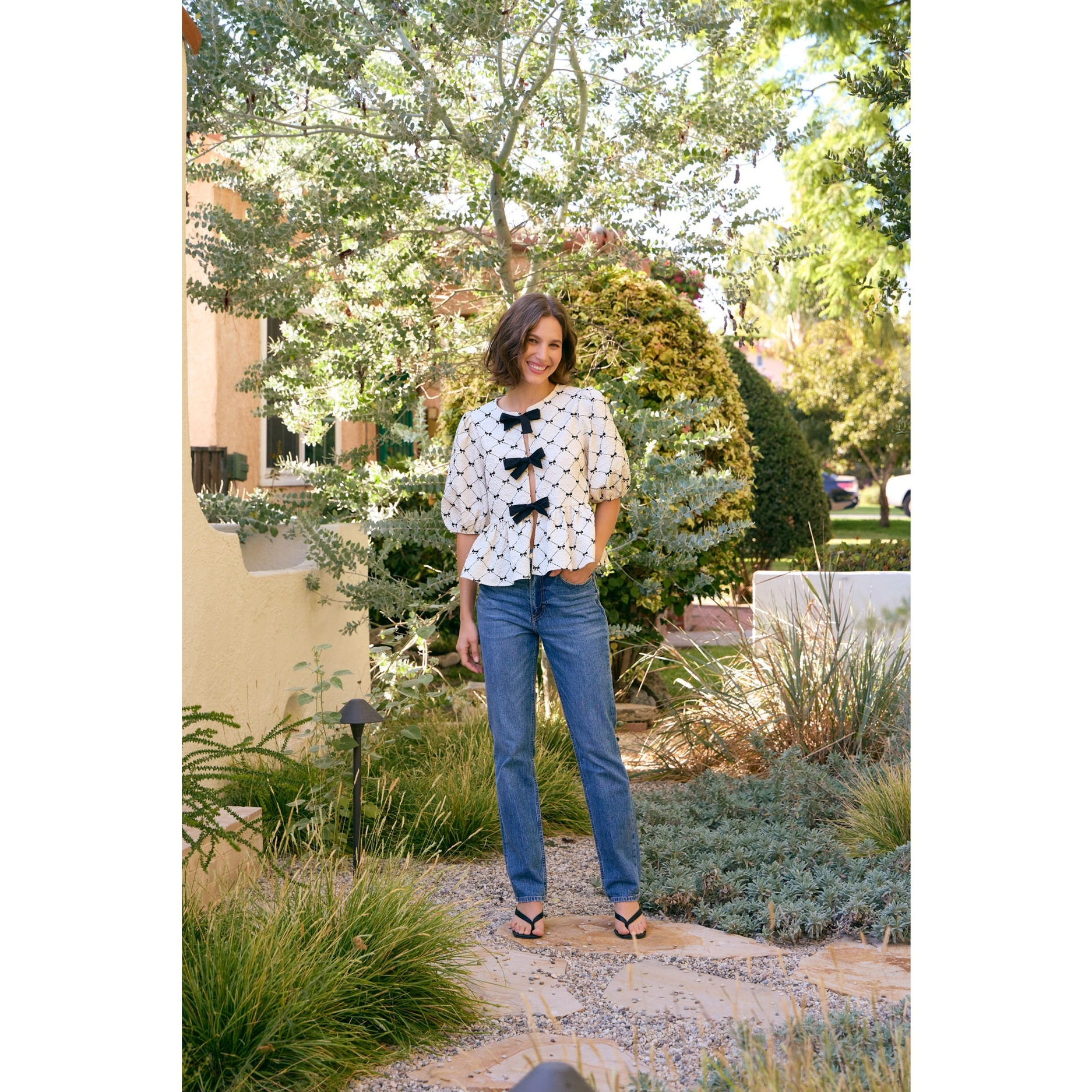 Bow Print Textured Tie Front Peplum Top Cream/Black