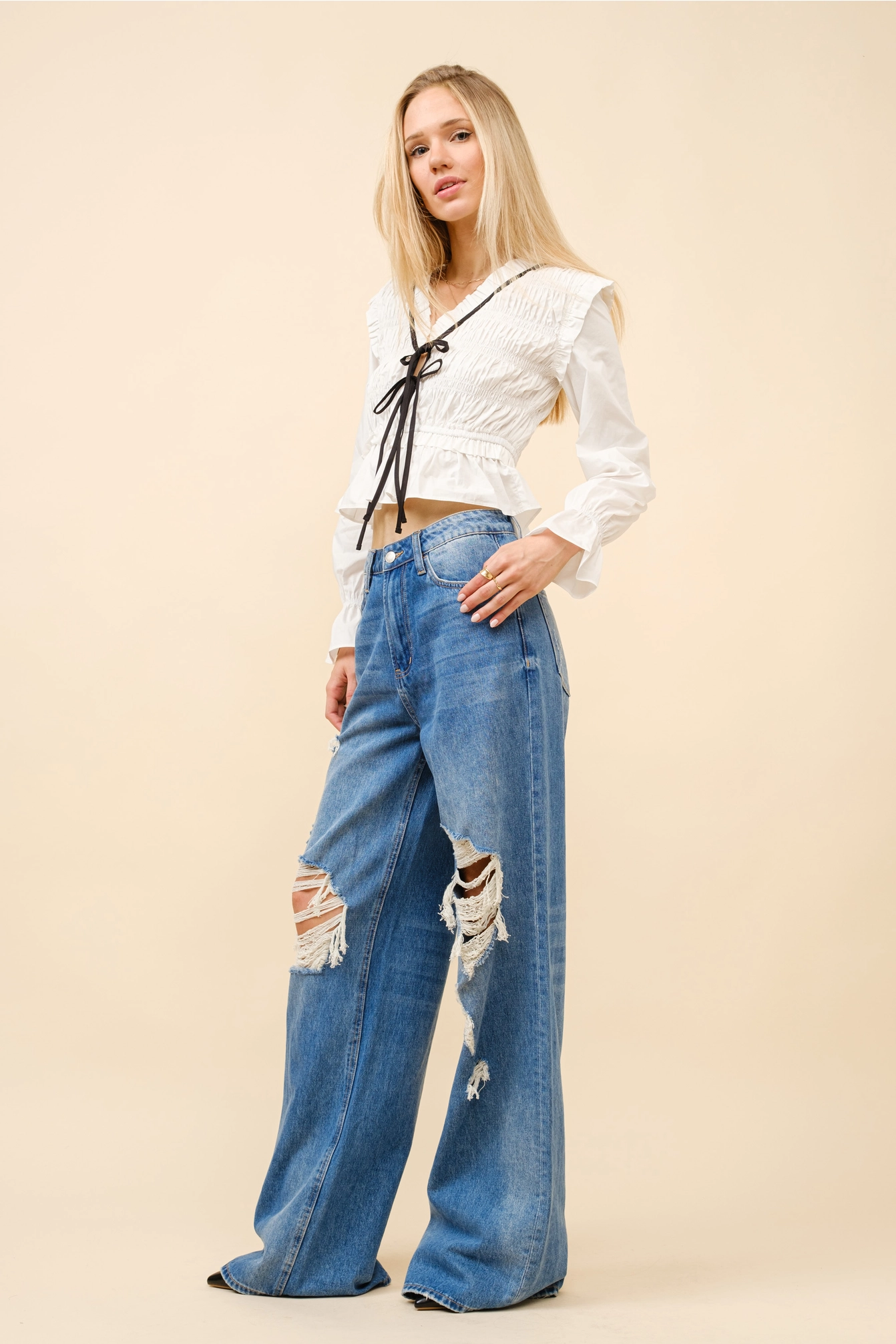Poplin Smocked Bodice Ruffle Tie Blouse