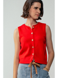 Relaxed Button-Front Knit Sleeveless Top - RED