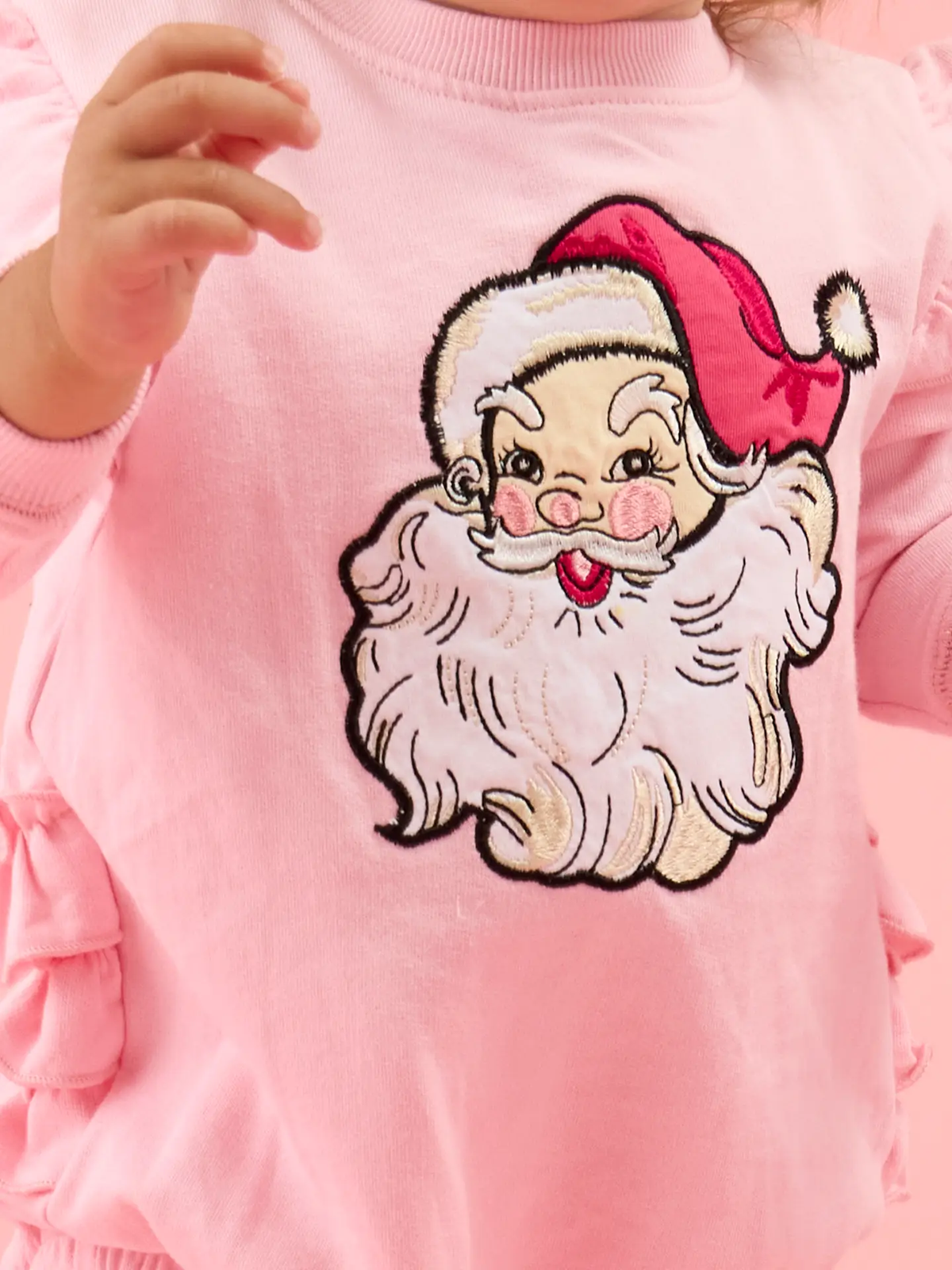 Baby Girls Pink Santa Joy Applique Sweatshirt Bubble Romper with Signature Rear Ruffles