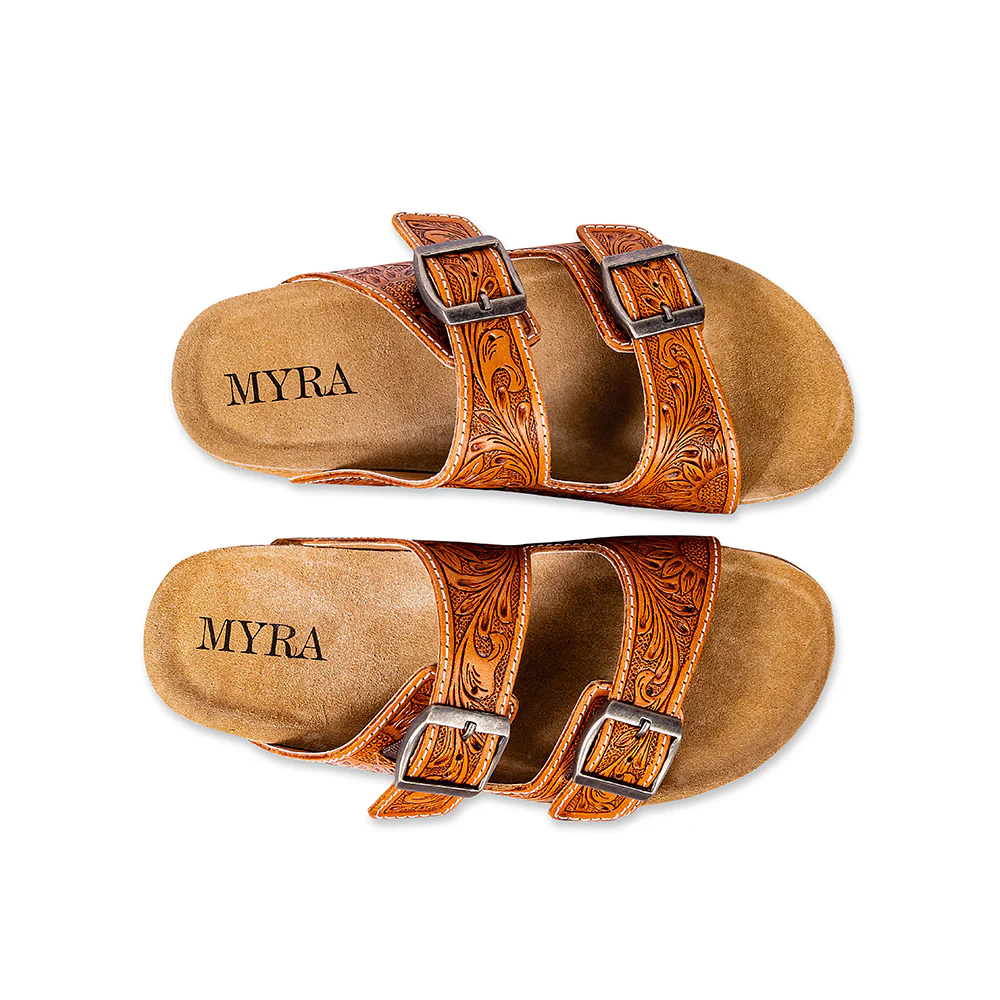 MYRA MOLLY MEGAN HANDTOOLED LEATHER SANDALS - EASY SLIP-ON DUAL BUCKLE LEATHER FLATS FOR WOMEN