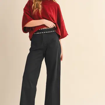 High Waist Wide Leg Pants with Whip Stitch Trim - BLACK