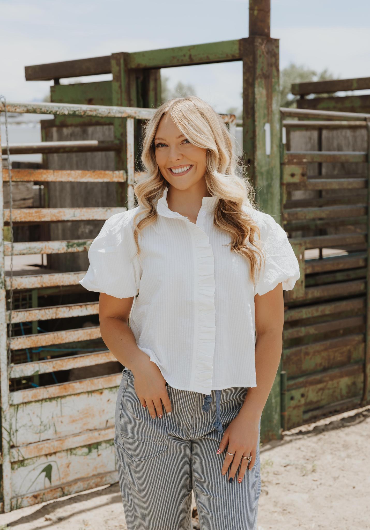 Striped Ruffle Button Down Top  - WHITE