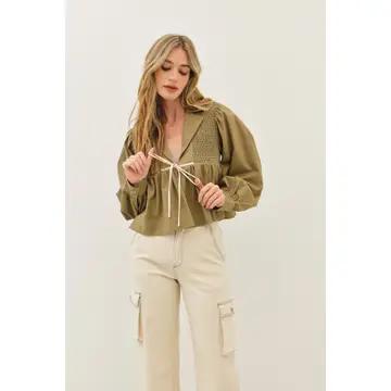 Soft Linen Smocked Babydoll Open Front Blouse with Bow - Lt. Olive