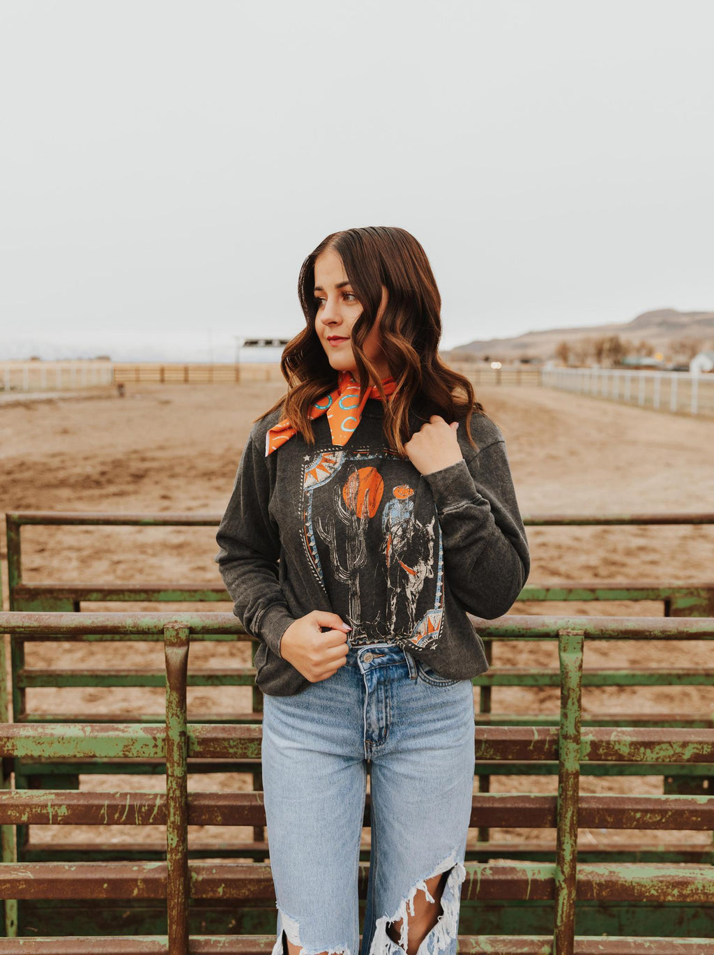 WESTERN COWBOY WASHED LONG SLEEVE SWEATSHIRT TOP - BLACK