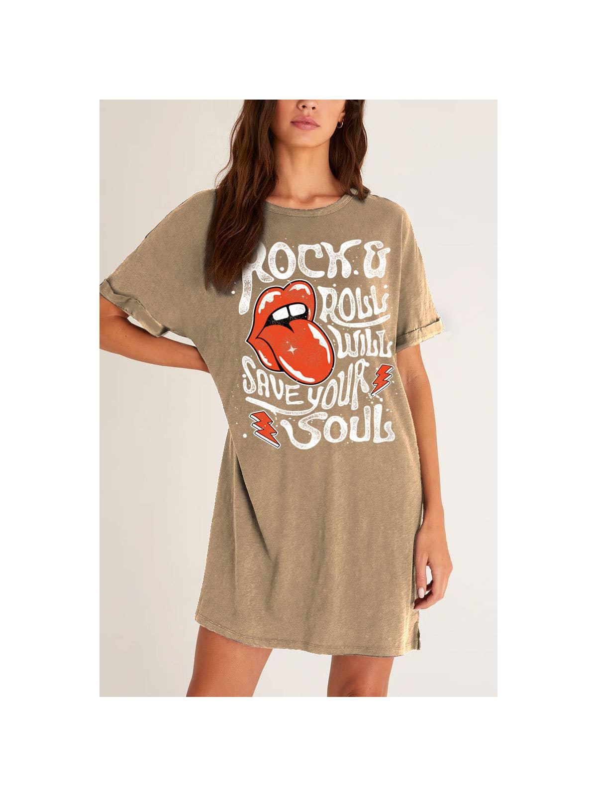 ROCK N ROLL WILL SAVE YOUR SOUL GRAPHIC DRESS - MINERAL TAUPE
