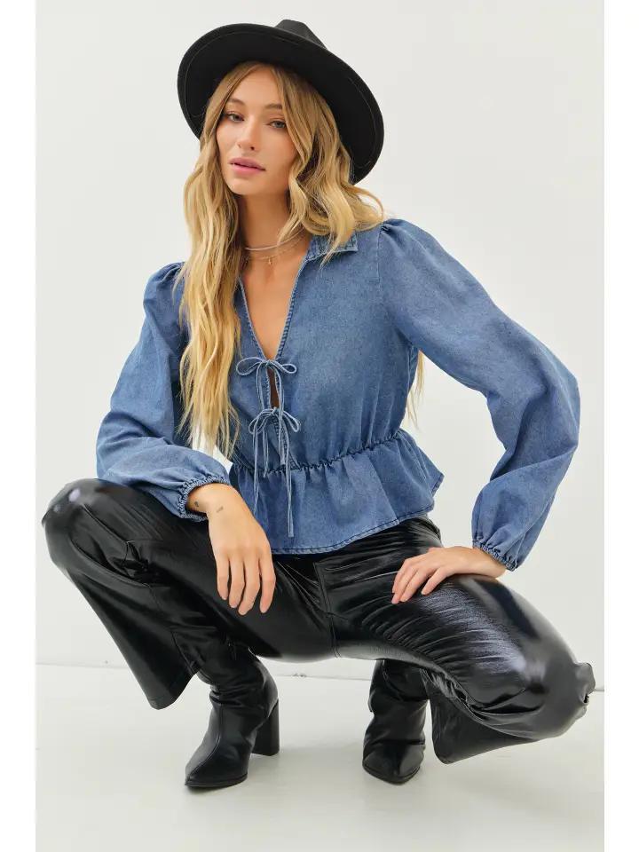 Washed Cotton Denim Drop Waist Top with Split Neck