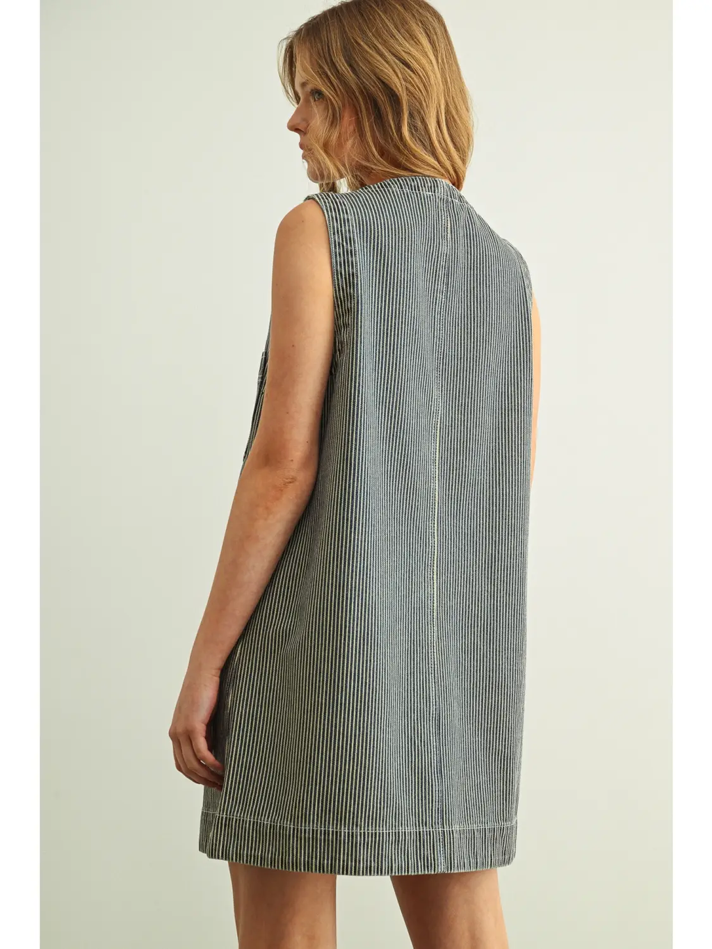 Striped Fabric Button Front Denim Dress