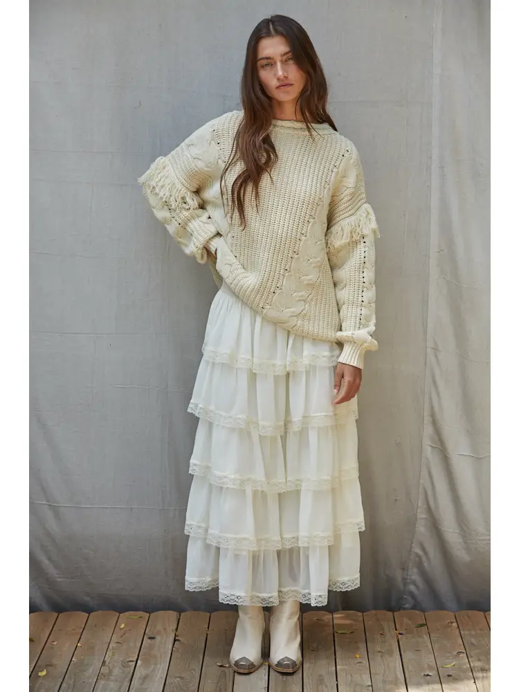 Woven Polyester Flare Tiered Midi Skirt