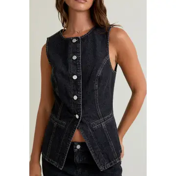 Button Front Sleeveless Denim Top - Washed Black