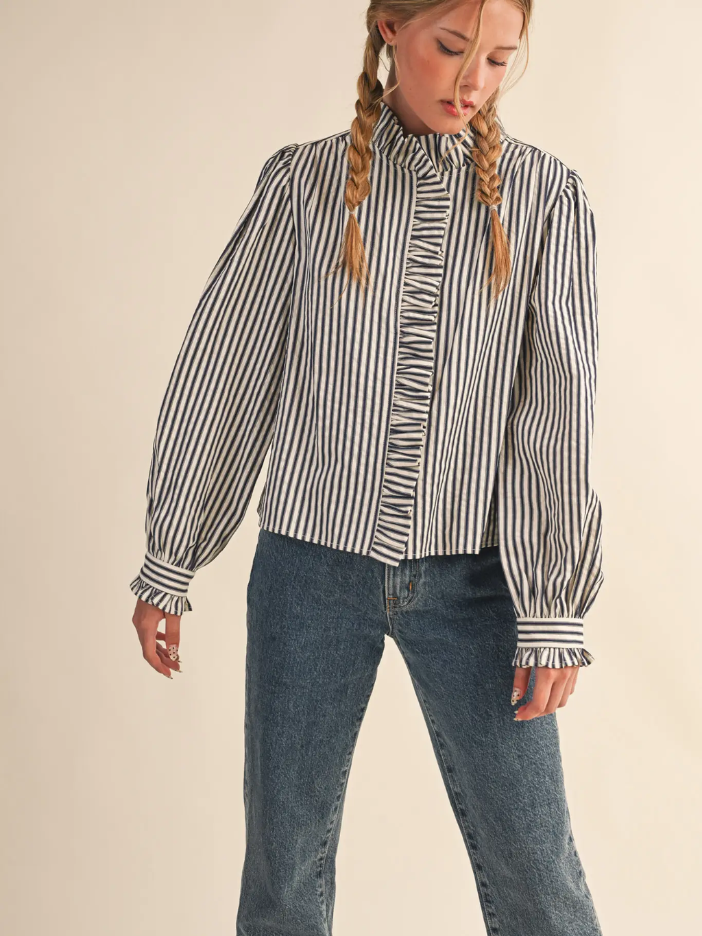 Striped Ruffled Button Down Long Sleeve Top - BLACK STRIPE