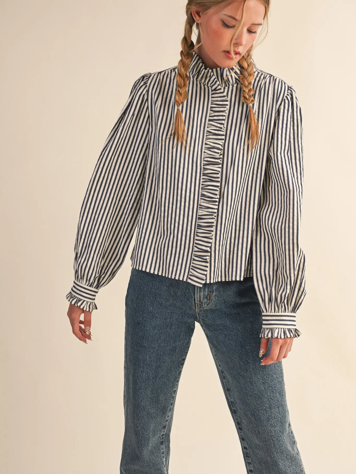 Striped Ruffled Button Down Long Sleeve Top - BLACK STRIPE