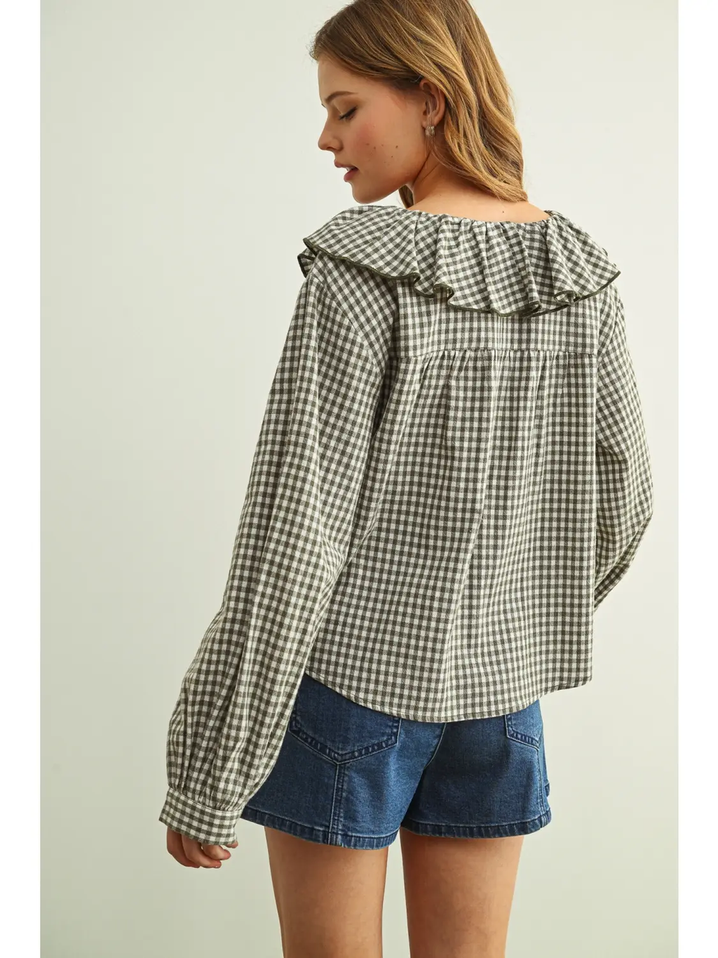 Mini Gingham Ruffled Collar Blouse - OLIVE/WHITE