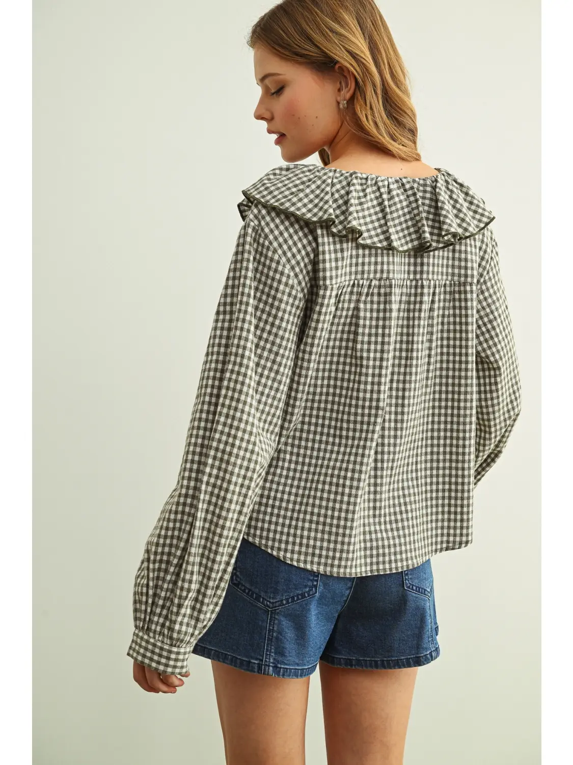 Mini Gingham Ruffled Collar Blouse - OLIVE/WHITE