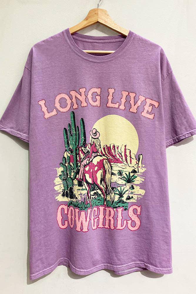 LONG LIVE COWGIRLS RHINESTONE WASHED GRAPHIC T-SHIRT - LAVENDER (OVERSIZED)