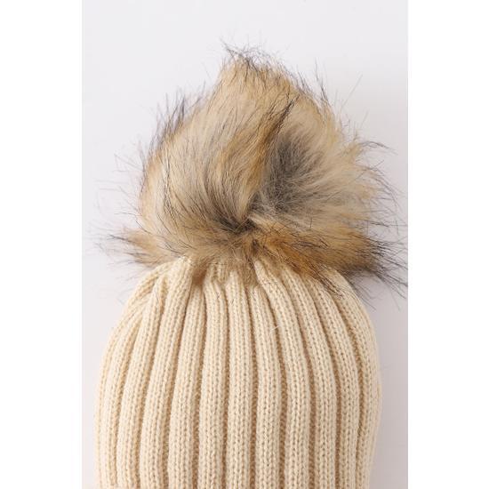 BEIGE KNIT POM POM BEANIE