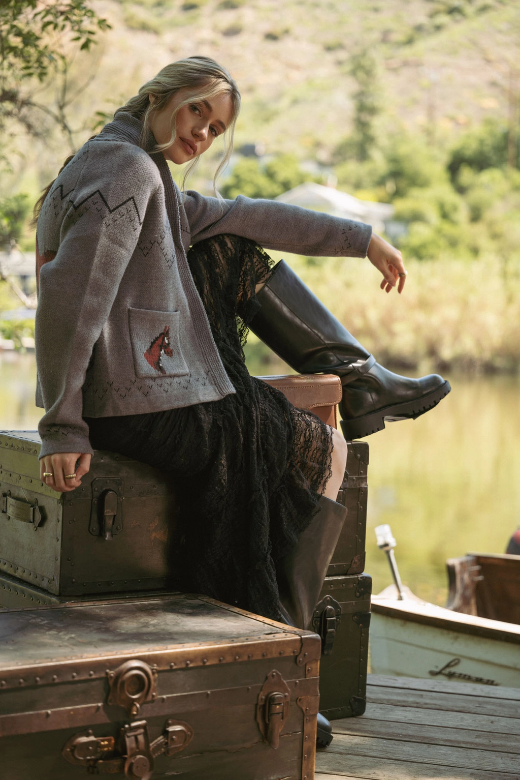 Horse Knit Sweater Cardigan - Dark Grey
