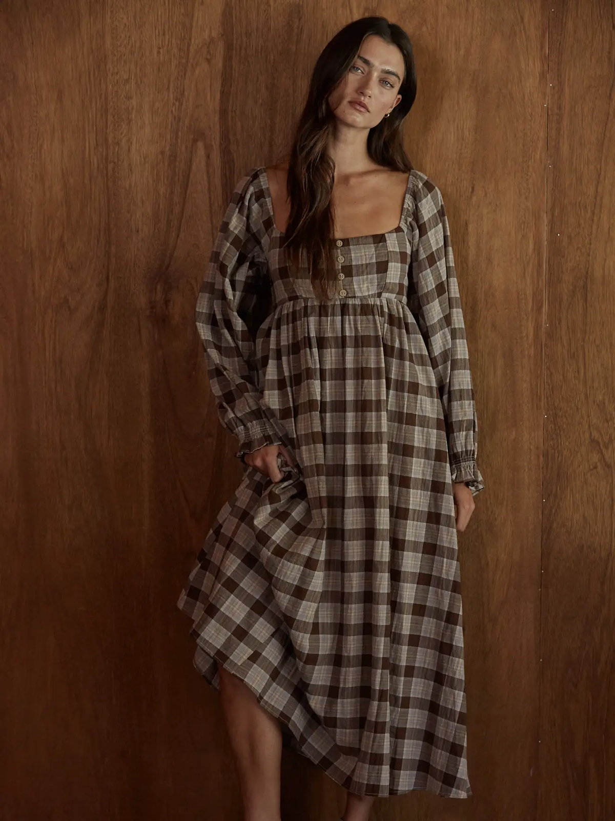 Woven Cotton Spandex Printed Long Sleeve Flare Midi