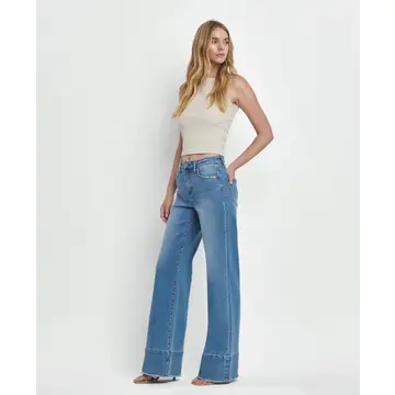 High Rise Raw Hem Wide A Line Jeans - LEGITIMATE