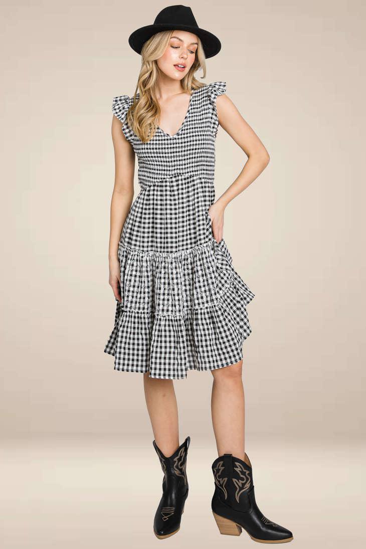 GINGHAM SMOCK DRESS EMBROIDERY - BLACK/WHITE