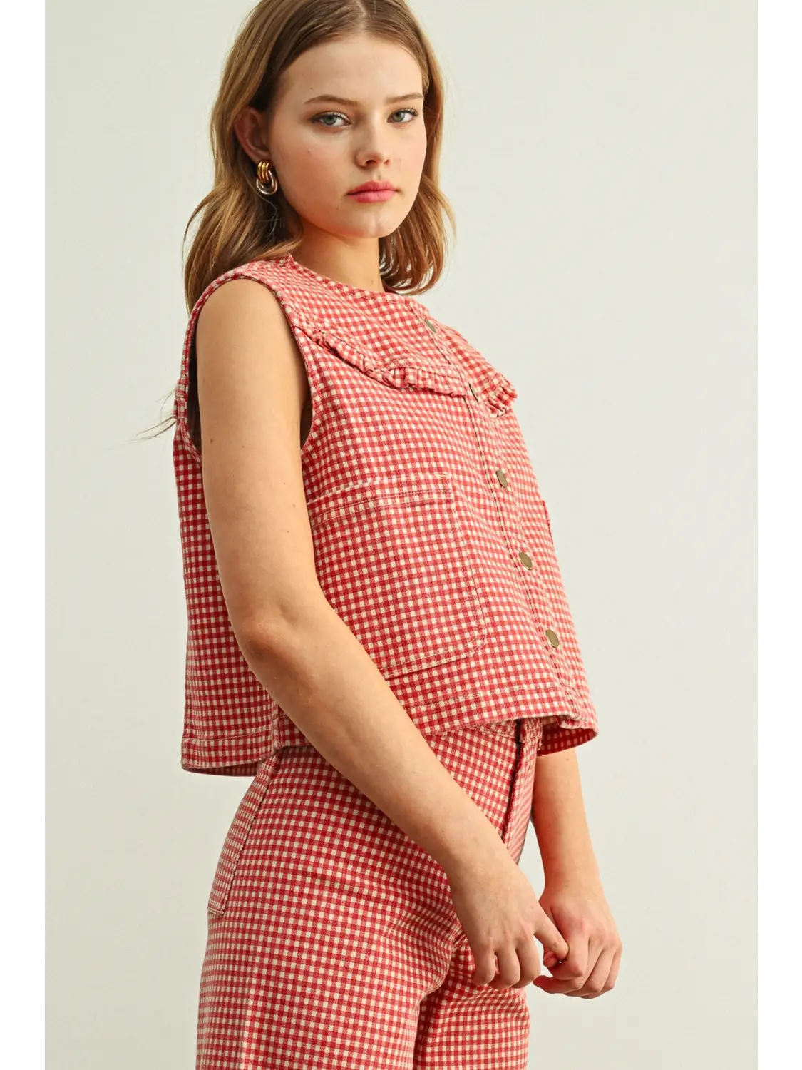 Gingham Printed Button Front Vest