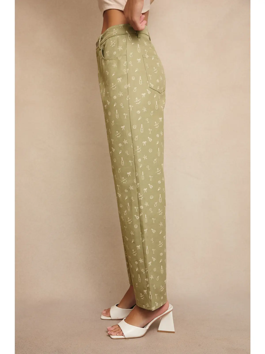 Mid-Rise Summer Graphic Wide Leg Pants - LIGHT GREEN