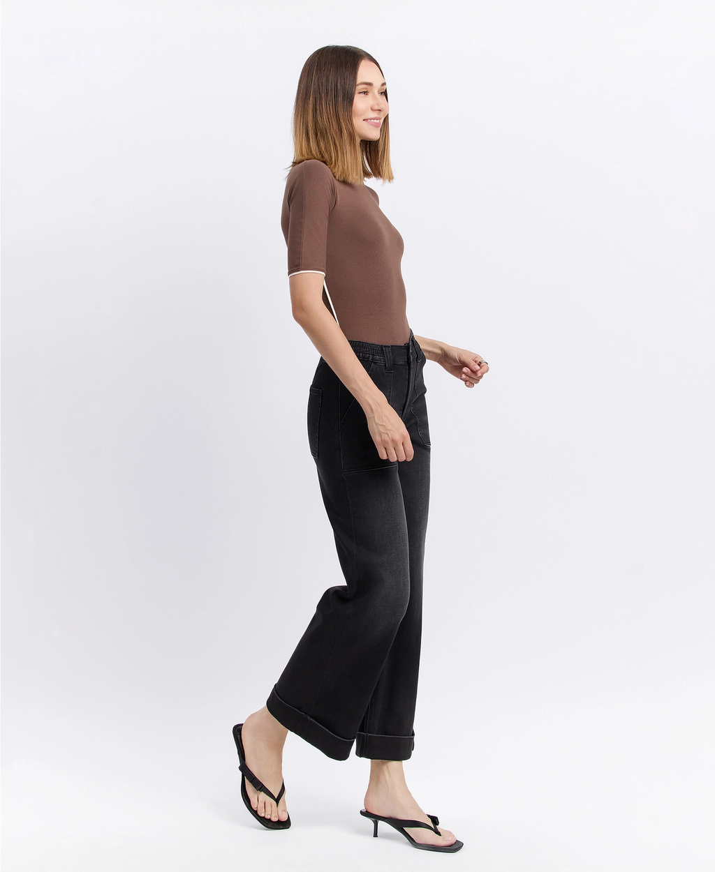 High Rise Cuffed Baggy Wide Jeans - Black