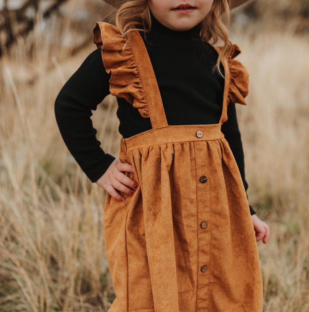 GIRLS KHAKI RUFFLE SUSPENDER DRESS