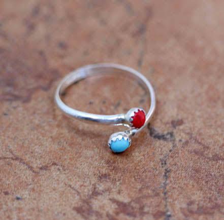 Navajo Handmade Red Coral and Turquoise Adjustable Ring