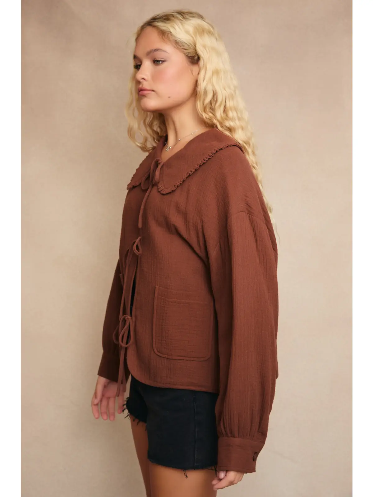 Collared Front Tie Gauze Jacket - BROWN