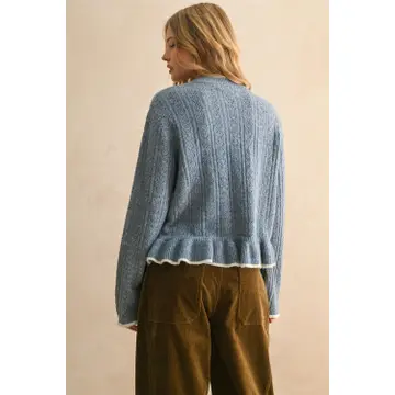 Button Front Ruffled Detail Sweater Cardigan - Denim Blue
