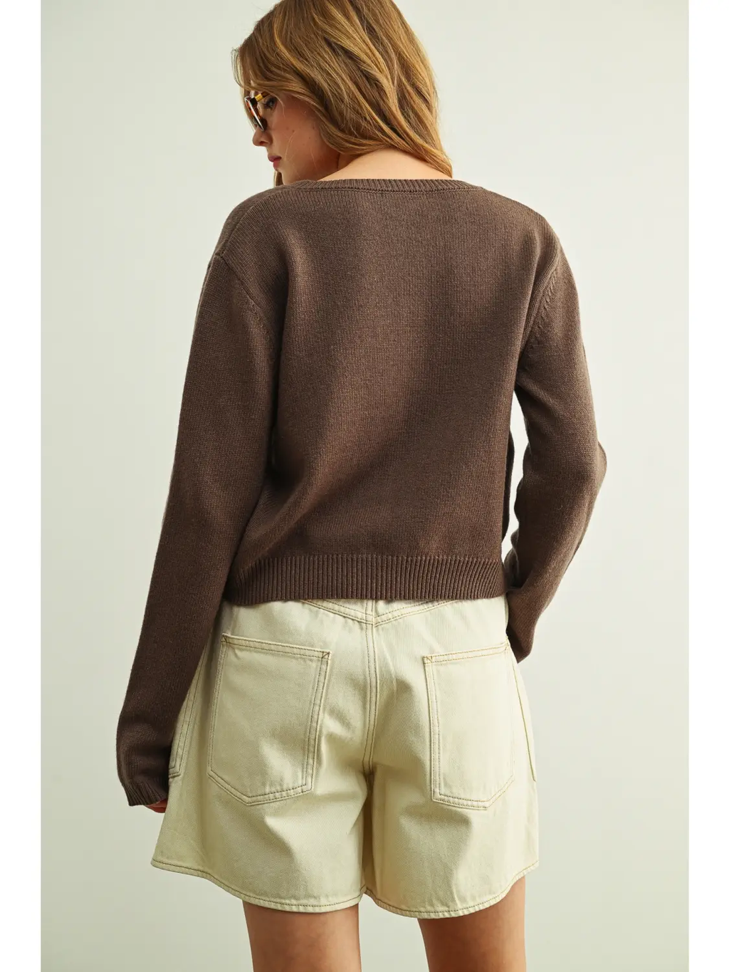 Simple Button Front Round Neck Sweater Cardigan - BROWN