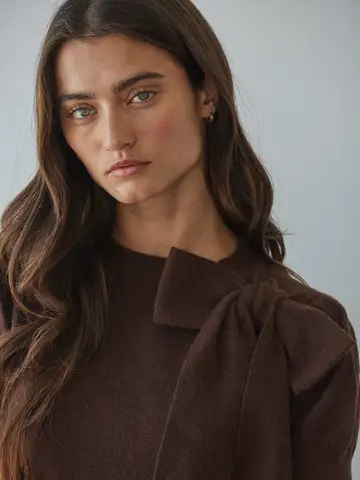 Knit Sweater Pullover with Shoulder Tie Bow Detail - BROWN