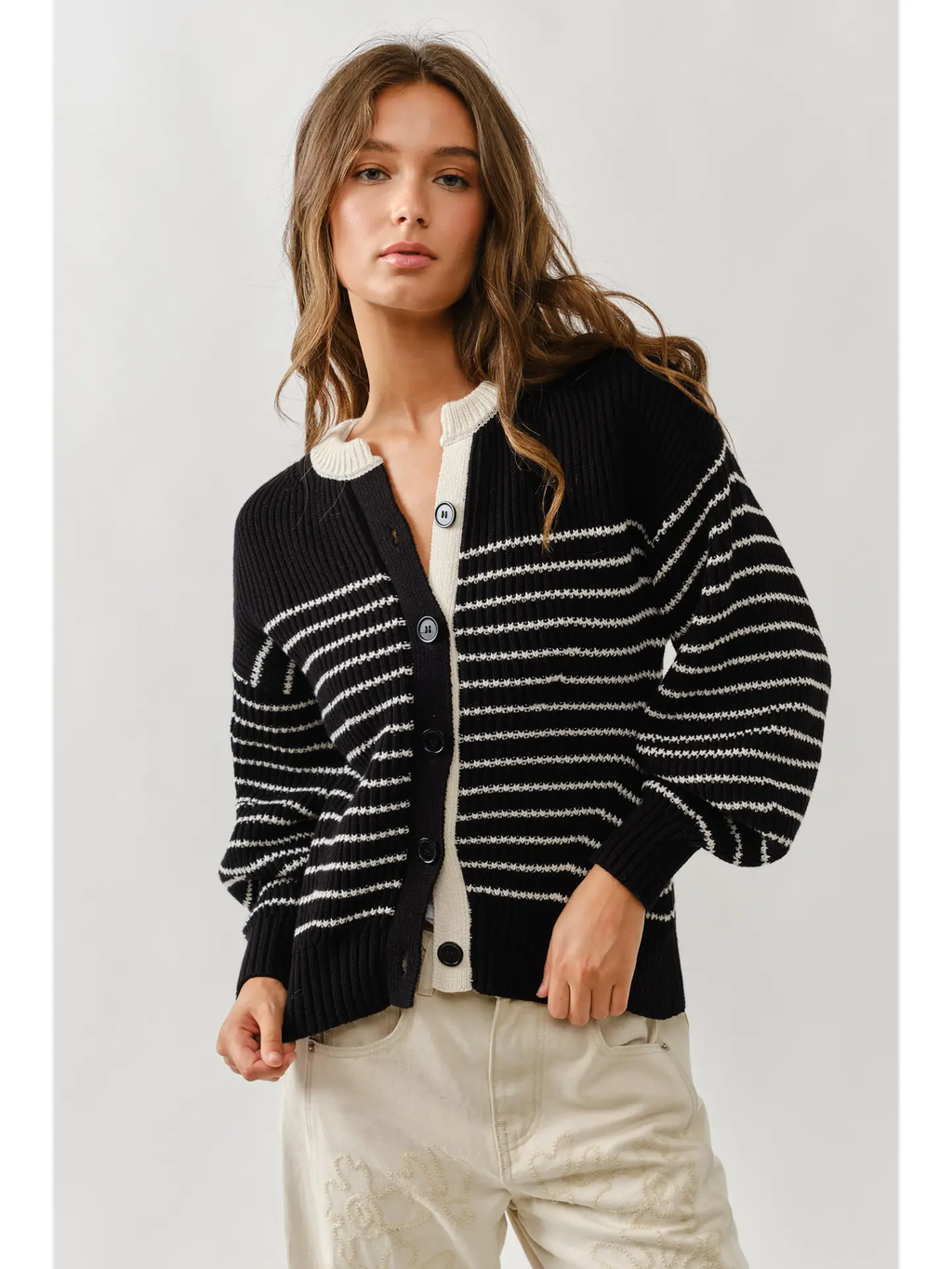 Voluminous Sleeve Stripe Cardigan - BLACK / CREAM