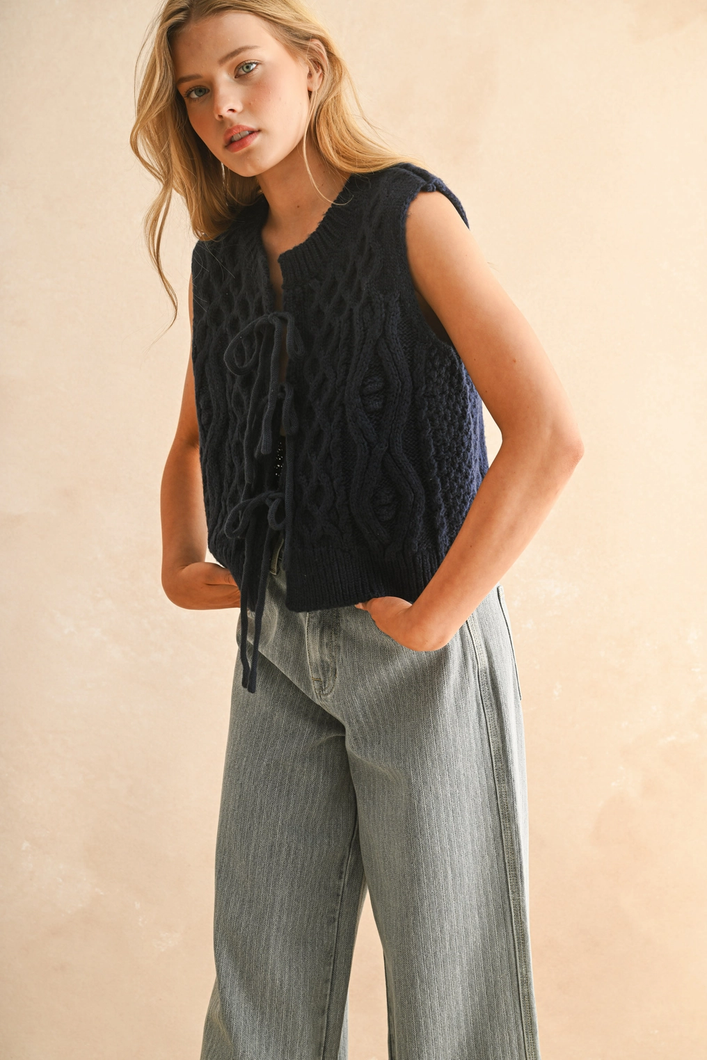 Tie Front Cable Knitted Vest - Navy