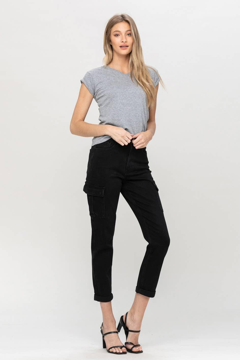 HIGH RISE MOM CARGO PANT | BLACK