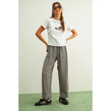 Gingham Pattern Elastic Band Waist Pants - BLACK/WHITE