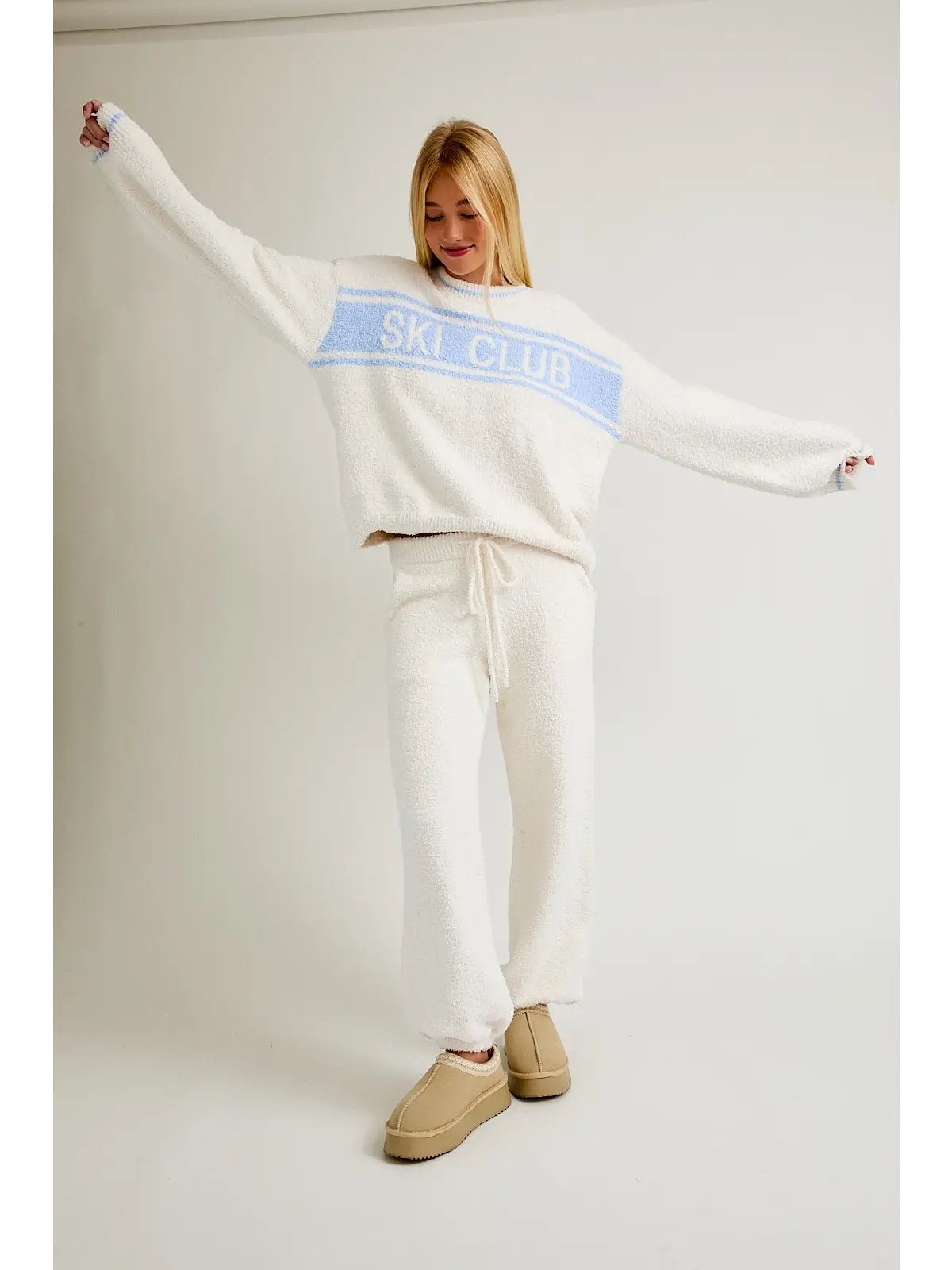 "Ski Club" Long Sleeve Sweater - CREAM-LT BLUE