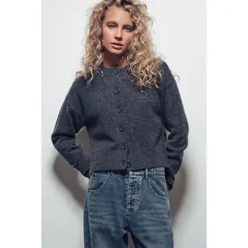 Relaxed Wool Blend Button-Up Cardigan - BLACK