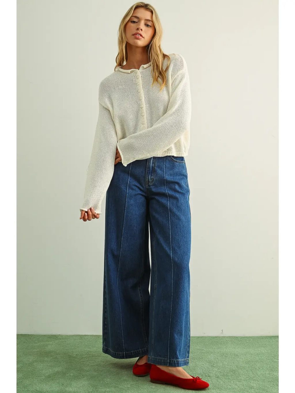 Wide Leg Denim Pants with Front Detail