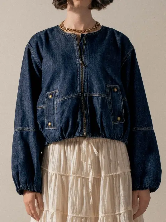 Chic Utility Zip-Up Denim Bomber Jacket