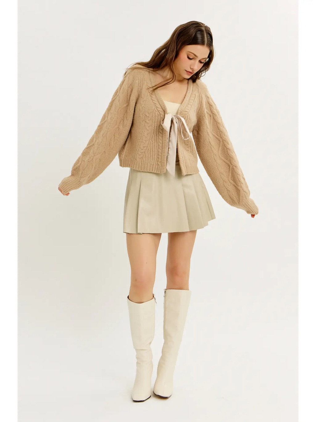 Warm Hug Cable Sweater Cardigan with Ribbon Tie - LATTE