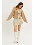 Warm Hug Cable Sweater Cardigan with Ribbon Tie - LATTE