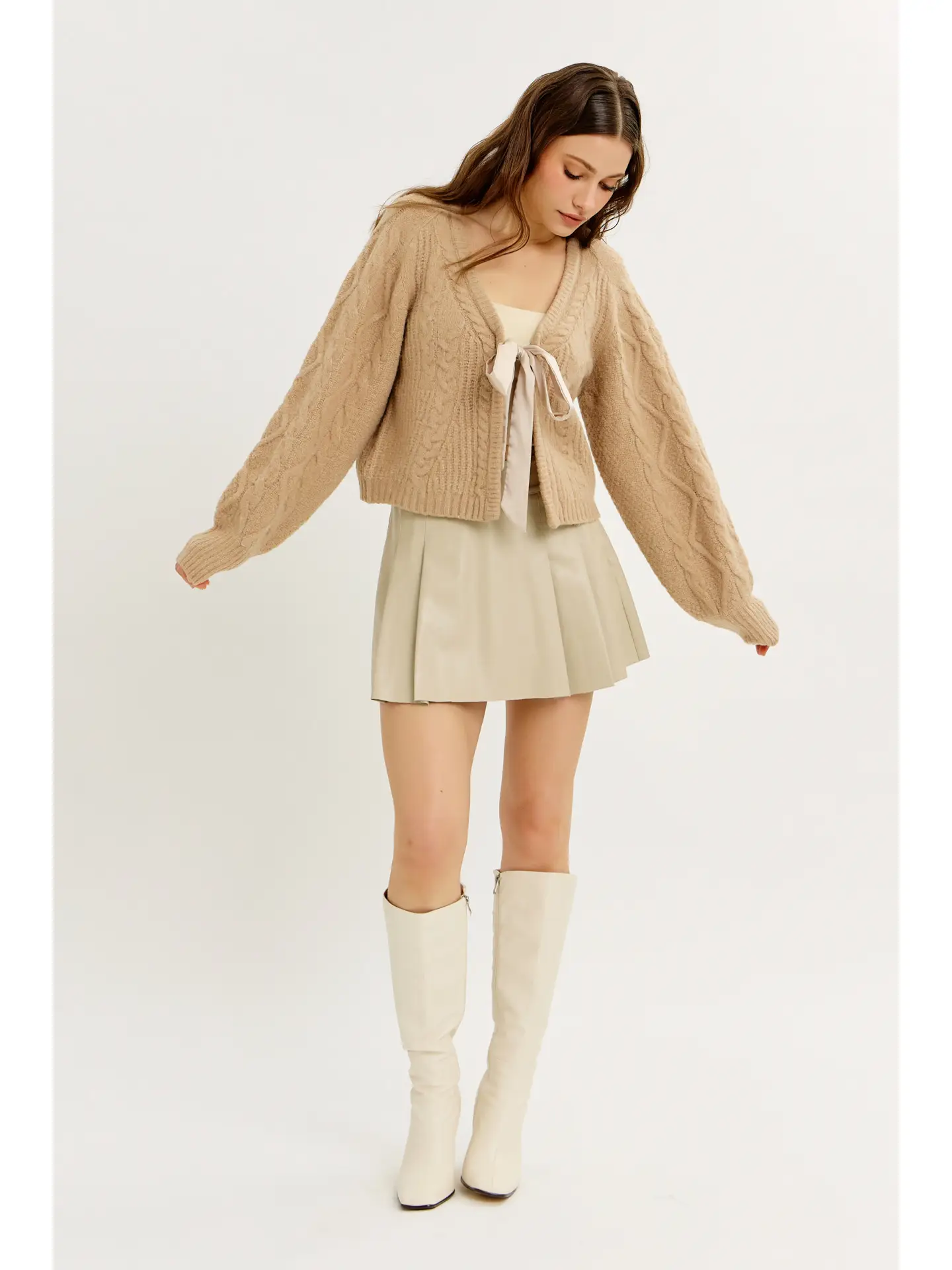 Warm Hug Cable Sweater Cardigan with Ribbon Tie - LATTE