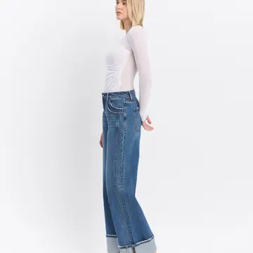 High Rise Cuffed Panel Baggy Wide Jeans - SHINE