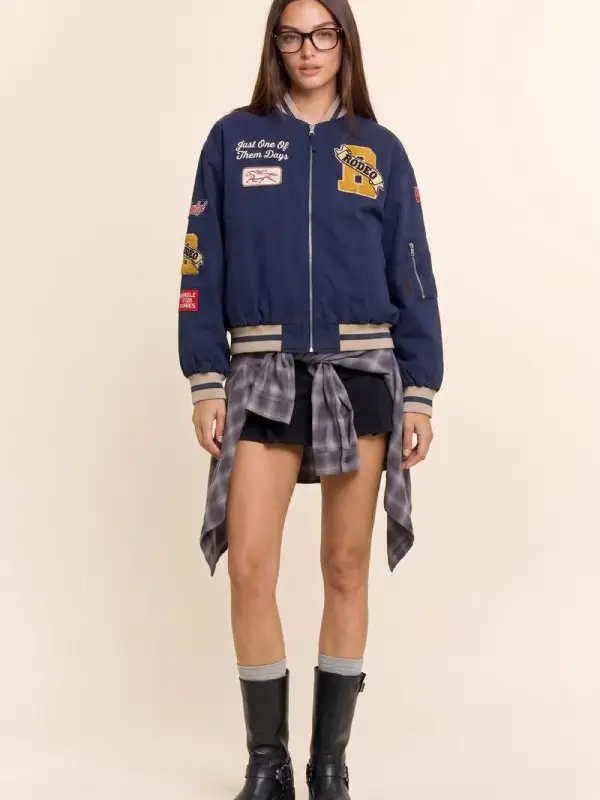 Western Varsity Patch Bomber Jacket - SLATE INK BLUE