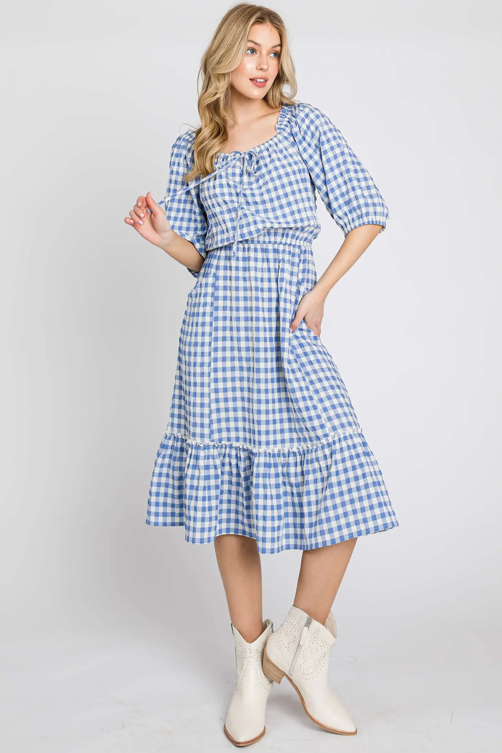 TEXTURED GINGHAM PUFF SLEEVE TIERED DRESS