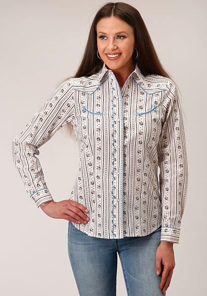 WOMENS L/S SHIRT   SNAP RETRO PIPED FANCY YOKE 1501 BROWN AND BLUE WALLPAPER STRIPE 01-050-0086-3058
