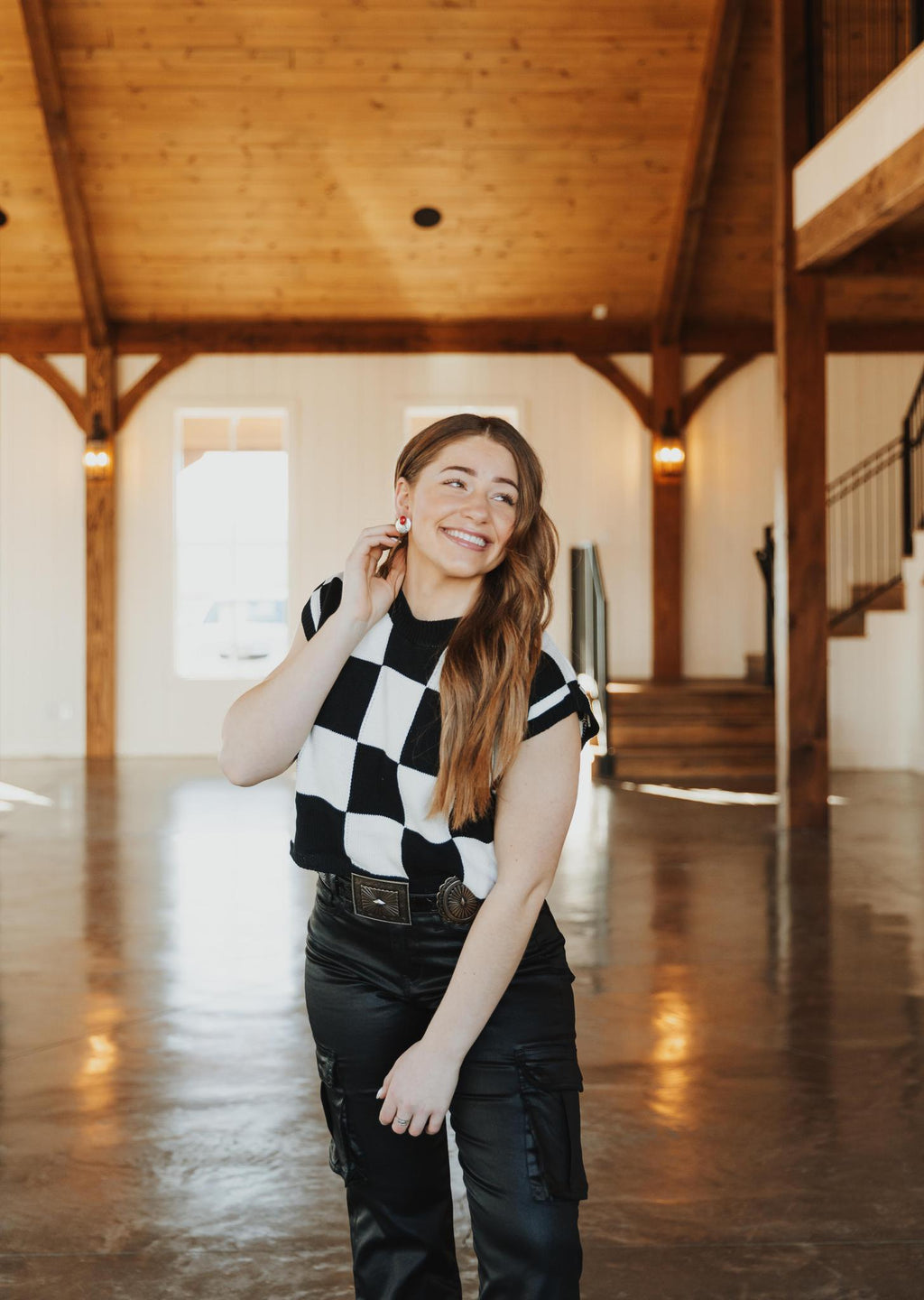 Hannah Loose Fit Checker Knit Top - Black